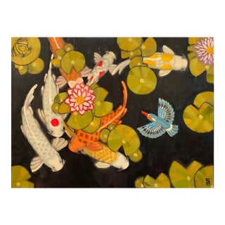 Koi Pond Kingfisher Original Oil Painting Stephen McDonough For Sale