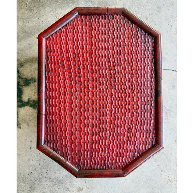 Vintage Bespoke Gabriella Crespi Style Cinnabar Red Faux Tortoiseshell Bamboo & Rattan Octagonal Side Table - Newly Painted For Sale - Image 10 of 11