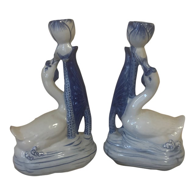 1990s Blue and White Ceramic Swan Candlestick Holders For Sale