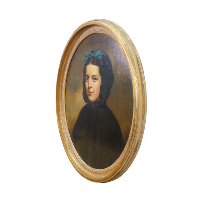 Vintage J Paul Stevens oval oil painting on board featuring a Victorian style Girl in Cloak with blue ribbon. Signed on...