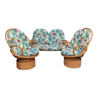 Italian Mid-Century Modern Bamboo Set of Lounge Patio With Settee and Rocking For Sale