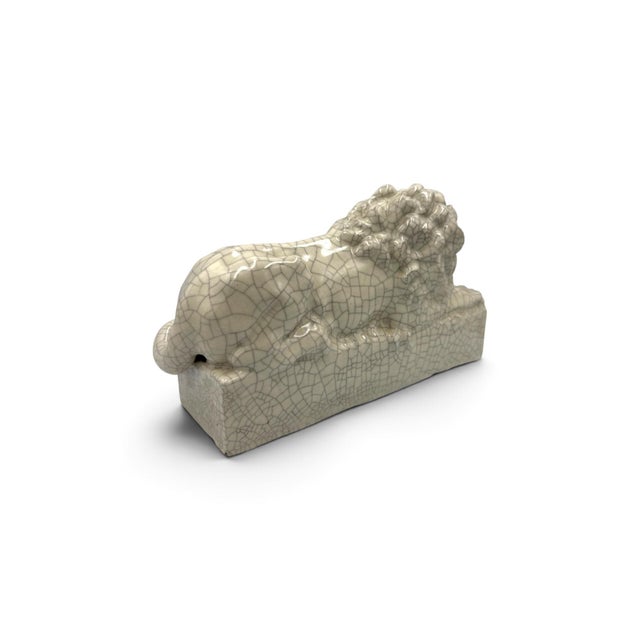 Ceramic Pair of Mid-Century Italian Crackle-Glazed Ceramic Recumbent Lions For Sale - Image 7 of 10