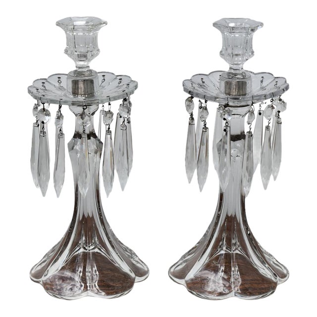 Vintage Art Nouveau Style Pair of Crystal Candlesticks W/Hanging Prisms For Sale