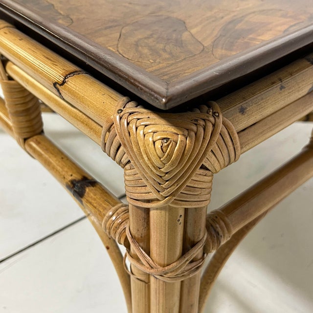 Brown C. 1970s Italian Oyster Burl and Wrapped Bamboo Coffee Table For Sale - Image 8 of 9