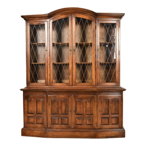 Ethan Allen Georgian Solid Maple Lighted Breakfront Bookcase Cabinet