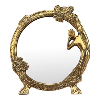 Vintage Art Nouveau Brass Women Round Vanity Table Mirror For Sale