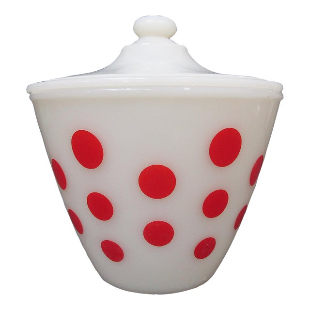 Vintage Fire King White Milk Glass Red Dot Grease Jar With Lid For Sale