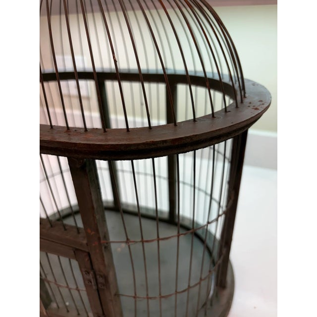 Vintage Olive Green Distressed & Weatherd Wood & Wire Birdcage With Dome Top For Sale - Image 4 of 13