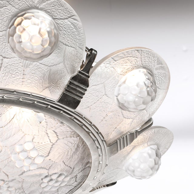 1930s 1930s Art Deco Frosted Glass Chandelier With Stylized Cubist Floral Motif For Sale - Image 5 of 18