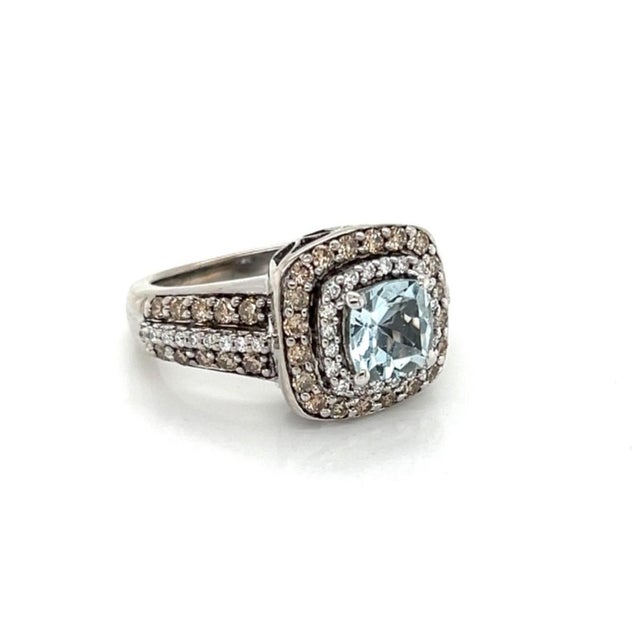 Mid 20th Century LeVian Aquamarine White & Chocolate Diamond Ring in 14k White Gold Size 4.5 For Sale - Image 4 of 8