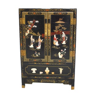 Antique Asian Hard Stone Black Lacquer Cabinet For Sale