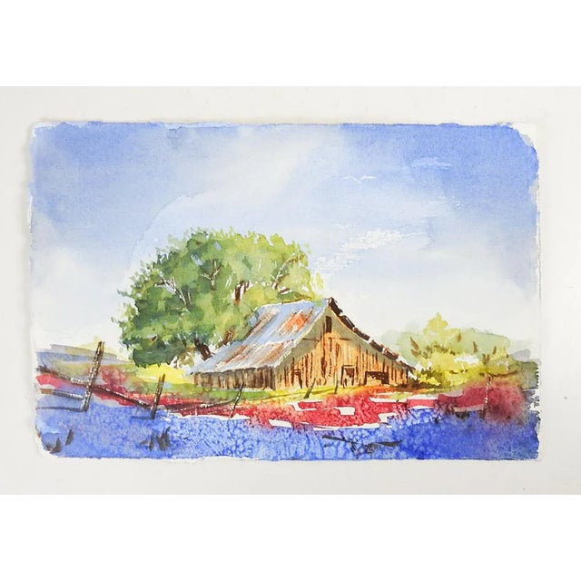 Rustic Small Late 20th Century Rustic Barn and Bluebonnet Landscape Watercolor Painting For Sale - Image 3 of 4