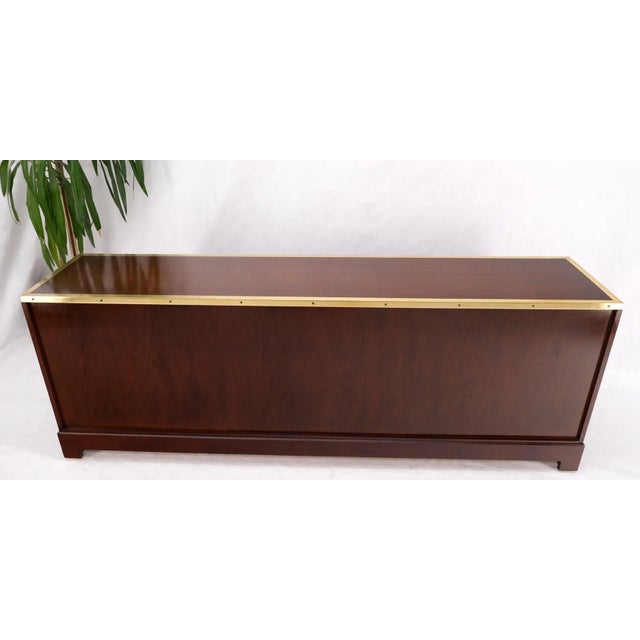 Campaign Style Brass Walnut Mid Century Drawers Doors Compartment Long Credenza For Sale - Image 12 of 13