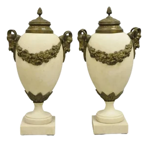 Vintage French Neoclassical Marble & Bronze Rams Head Urn Cassolettes - A Pair