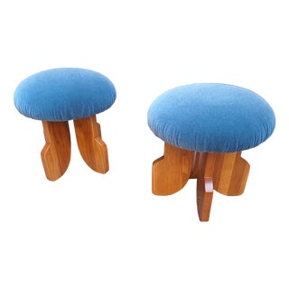 Modern Poufs in Light Wood and Blue Velvet Fabric from Artigianato Italiano, Set of 2 For Sale