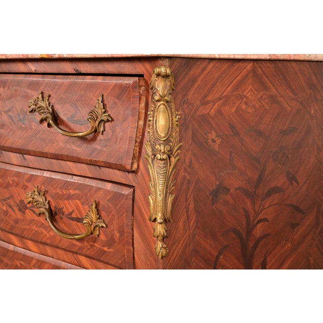 Paul Sormani Style Antique French Provincial Louis XV Kingwood Inlaid Marquetry Marble Top Commode With Mounted Ormolu | Circa 1920s For Sale - Image 11 of 17