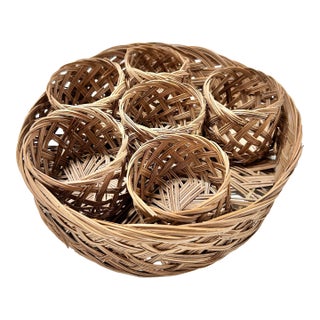 Vintage Woven Rattan Glass Holders With Coaster Bases and Matching Tray, Set of 6 For Sale