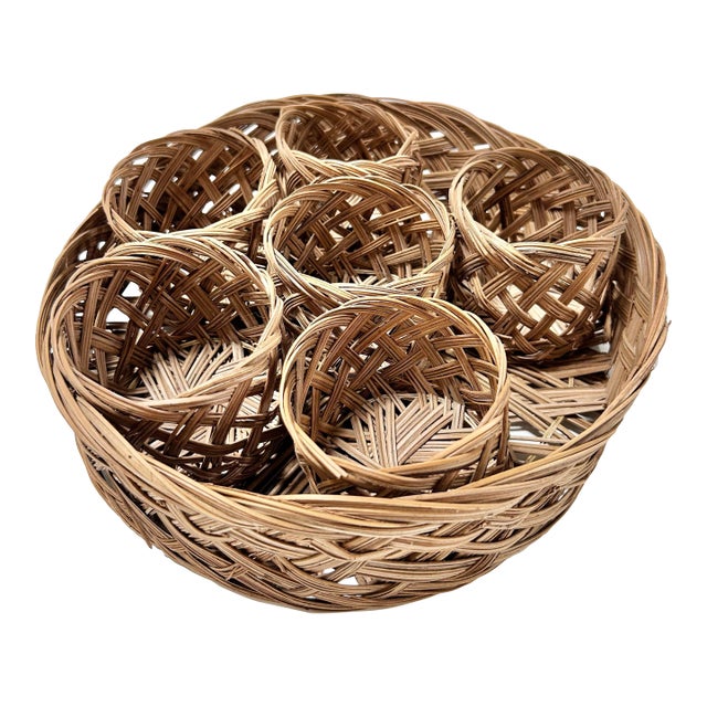 Vintage Woven Rattan Glass Holders With Coaster Bases and Matching Tray, Set of 6 For Sale