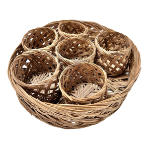 Vintage Woven Rattan Napkin Rings With Matching Tray – Set of 6 - Coastal Entertaining Tabletop Basket Set