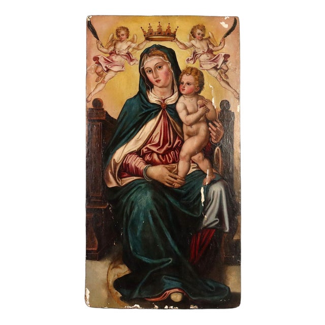 Italian Artist, Madonna Enthroned with Baby Jesus and Angels, Oil Painting on Panel For Sale