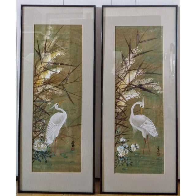 Japanese Original Egret Art Paintings a Pair Chairish