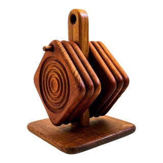 Mid Century Teak Hanging Coaster Set - Set of 6 Coasters With Holder - 1970s For Sale