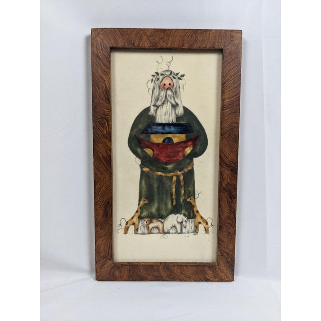 Charming collection of five vintage framed Santa Claus artworks in the tradition of early American theorem and primitive...