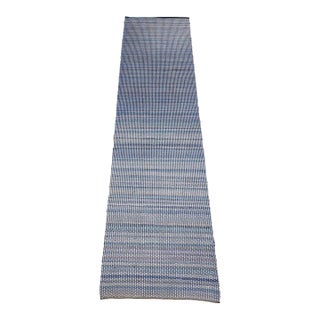 Antique American Amish Rag Runner, Handwoven Wool & Cotton, Stripe Pattern, Gray & Blue, 3x14 For Sale