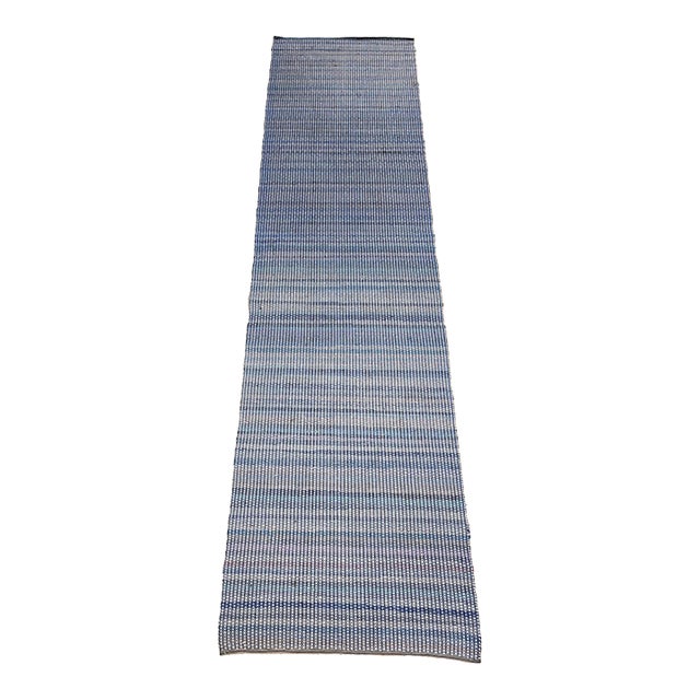 Antique American Amish Rag Runner, Handwoven Wool & Cotton, Stripe Pattern, Gray & Blue, 3x14 For Sale