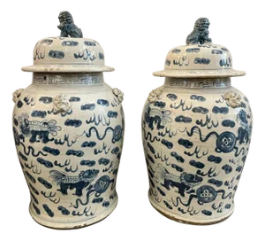 Early 20th C. Antique Blue & White Chinoiserie Lidded Temple Jars- A Pair