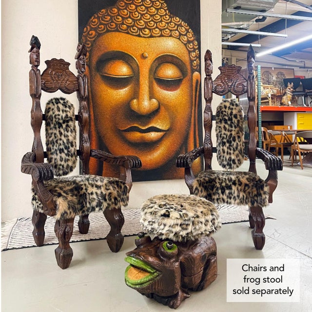 Wood Pair of Restored Witco Conquistador Vintage Tiki Throne Chairs in New Faux Leopard Fur For Sale - Image 7 of 18