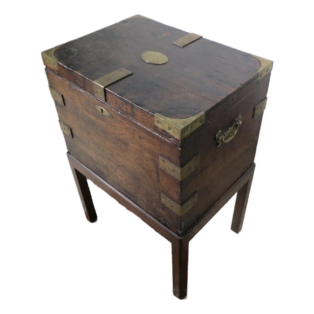 Late 18th Century Brass-Bound Campaign Chest on Stand With Engraved Plaque For Sale