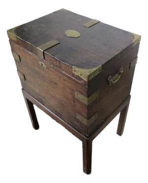 Late 18th Century Brass-Bound Campaign Chest on Stand With Engraved Plaque