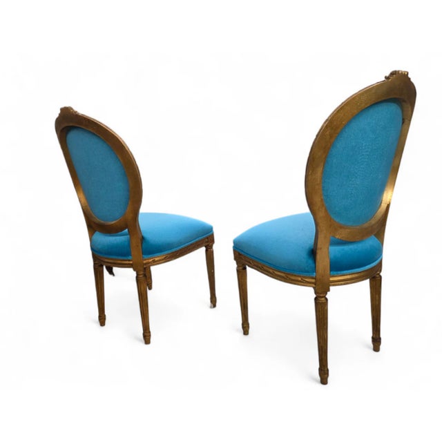 Antique French Louis XVI Style Carved & Gilded Tufted Medallion Back Dining Chairs Newly Reupholstered in a Italian Royal-...