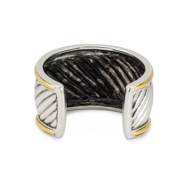 David Yurman 18k Yellow Gold Silver Two-Tone Sculpted Cable Cuff Bangle Bracelet For Sale In Houston - Image 6 of 8