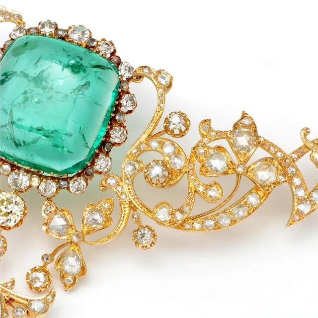 Gia Certified Belle Époque 14k & 22k Gold Necklace With 45.8ct Colombian Emeralds & 15.9ct Diamonds, Circa 1900 For Sale - Image 11 of 16