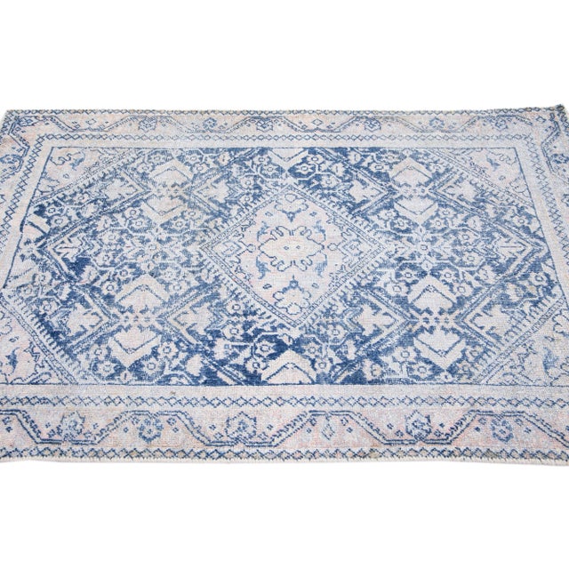 1960s 1960s Vintage Mahal Shabby Chic Handmade Medallion Navy Blue Wool Rug For Sale - Image 5 of 8