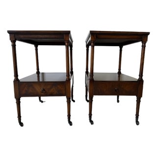 1960’s Vintage Weiman Heirloom Quality Mahogany & Tooled Leather Top Tiered End Tables on Casters – A Pair For Sale
