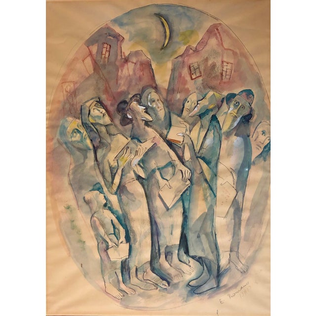 Modern Emanuel Glicenstein Romano, Modernist Watercolor Painting Judaica Kiddush Levana Blessing New Moon For Sale - Image 3 of 6