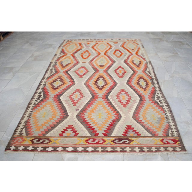 Textile Vintage Handwoven Turkish Rug Kilim, Primitive Tribal Statement, Bohemian Area Rug - 5′8″ X 9′6″ For Sale - Image 7 of 16