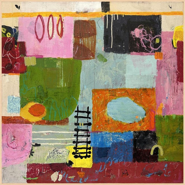 Patches of pink, olive green, sky blue, orange and black fit together like a patchwork quilt or a village seen from above....