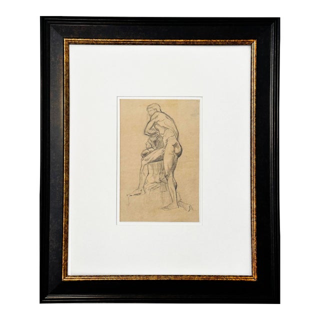 Antique Male Figure Drawing in Pencil on Paper From France, Framed For Sale