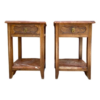 Early 20th Century Walnut Nightstands with Marble, 1940s, Set of 2 For Sale