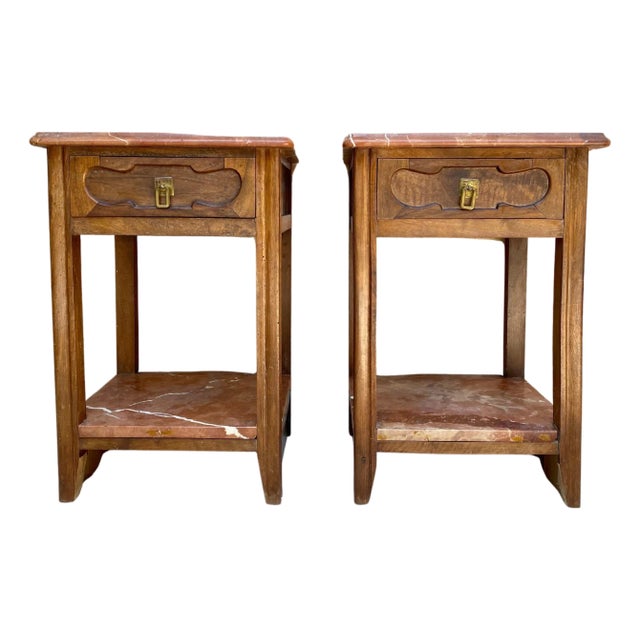 Early 20th Century Walnut Nightstands with Marble, 1940s, Set of 2 For Sale