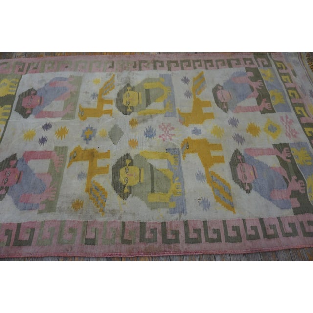 1930s Ivory Scene Pictoral Antique Indian Dhurrie Rug 4' X 7' Flat Weave Cotton Carpet For Sale - Image 4 of 6