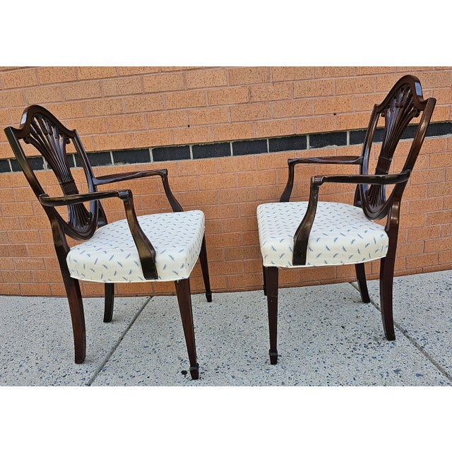 Pair of George III Style Mahogany Shield-Back and Upholstered Arm Chairs For Sale In Washington DC - Image 6 of 11