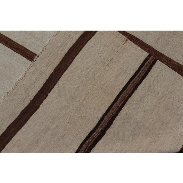 Ivory Ground Vintage Turkish Kilim Rug With Brown Stripes Wool Design For Sale - Image 11 of 11