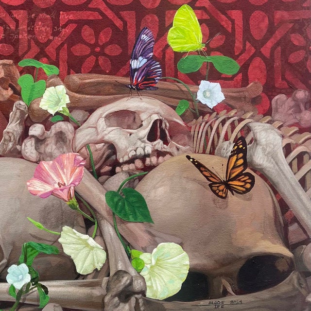 Contemporary Light in the Darkness (IV) by Ifeoluwa Alade | Acrylic and Glow in the Dark Medium on Canvas featuring skulls and butterflies For Sale - Image 3 of 5