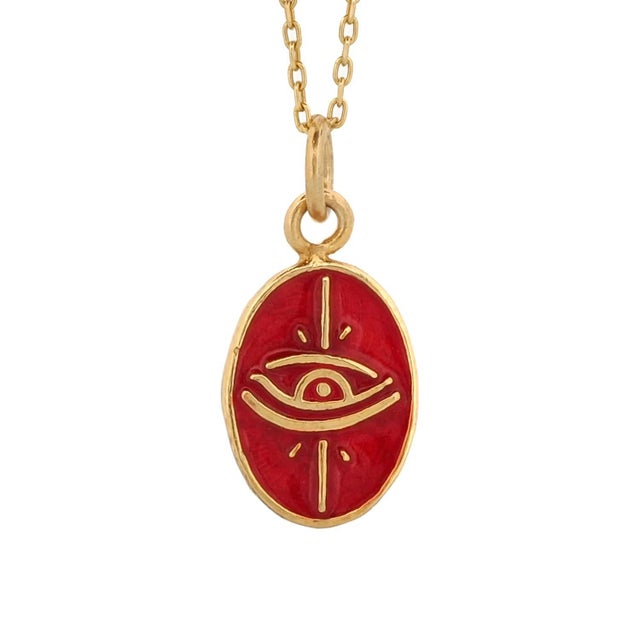 Contemporary Minimalist Red Enamel Evil Eye Pendant Gold Chain Necklace For Sale - Image 3 of 8