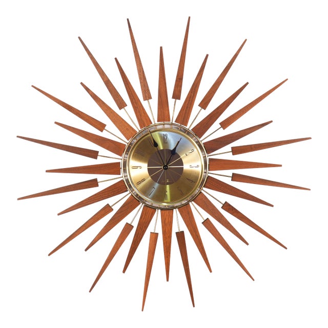 Vintage Seth Thomas Walnut & Brass Starburst Clock For Sale